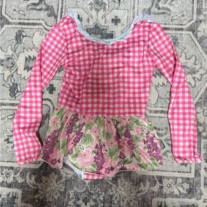 SweetHoney Pink Gingham Long-Sleeve Rash Guard with Floral Skirt
